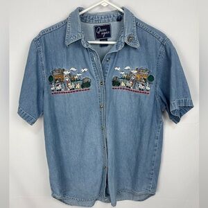 Let’s Quizz Again Noah’s ark button down short sleeve denim women’s top size L